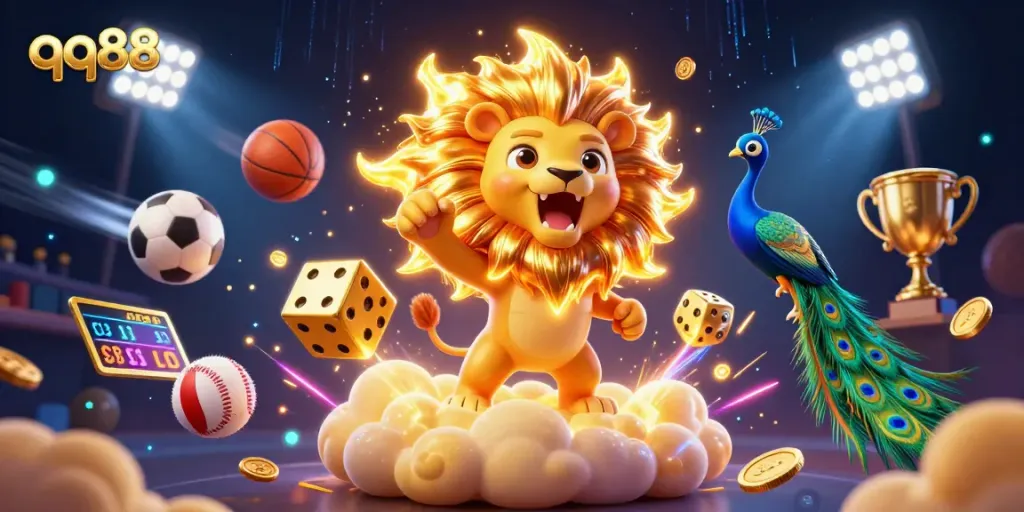Experience thrilling bets with qq88's vibrant 3D casino scene showcasing dynamic sports and gaming elements.