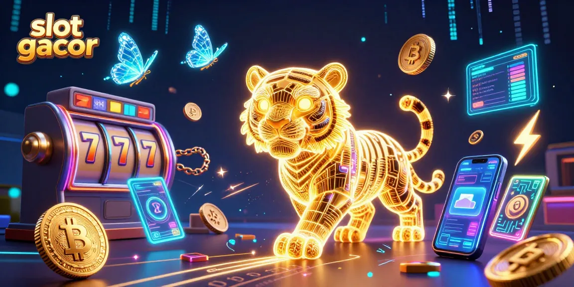 Engage with the vibrant slot gacor scene featuring a neon tiger amidst jackpot reels and crypto elements.