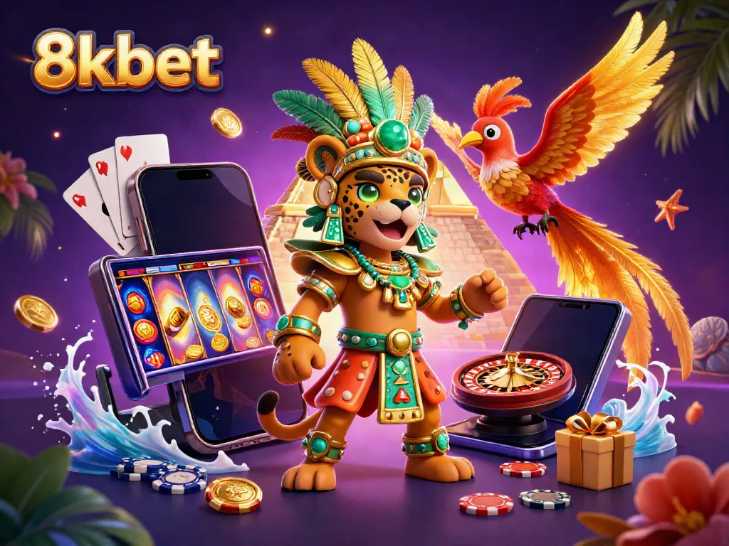 Engage with 8kbet's vibrant casino world through a colorful scene featuring a Mayan priest and gaming elements.