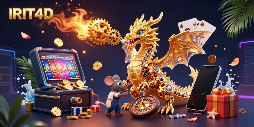 Experience the excitement of IRIT4D with a vibrant casino scene featuring a golden dragon, slot games, and spinning reels.