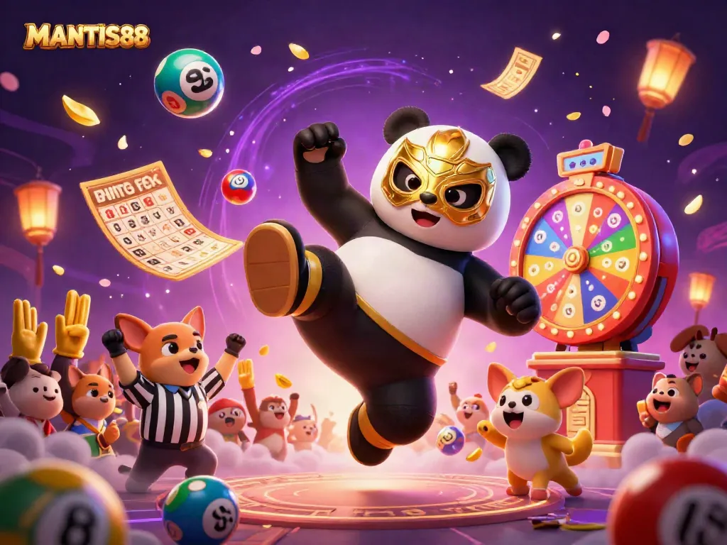 MANTIS88 brings excitement to life as a panda wrestler kicks high in a lively gambling scene.