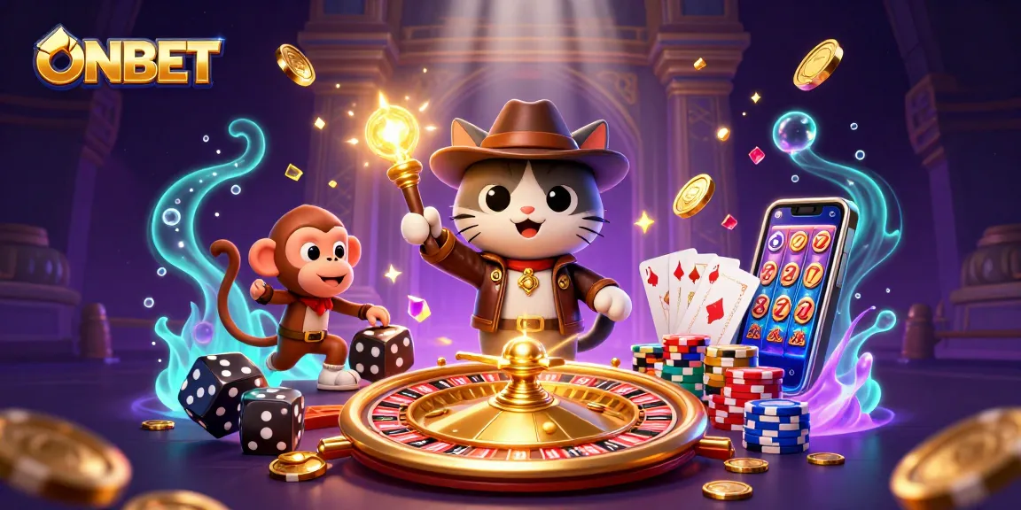 Engage with ONBET's thrilling gaming adventure featuring an archaeologist cat and monkey in a vibrant casino.