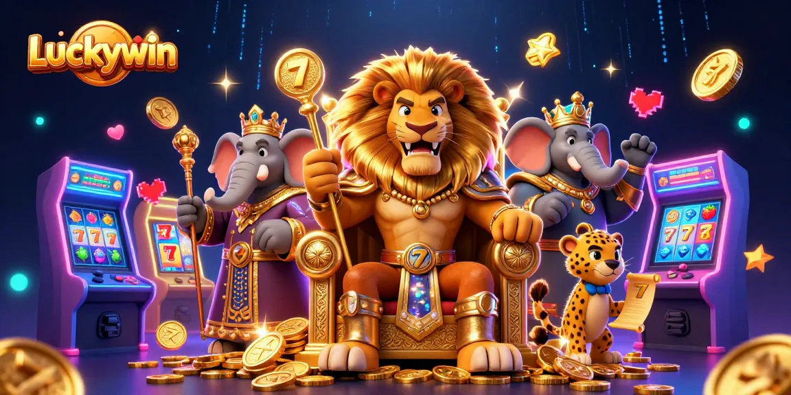 Experience Luckywin's thrilling slots with a lion king, elephant advisor, and cheetah messenger amidst vibrant gaming elements.