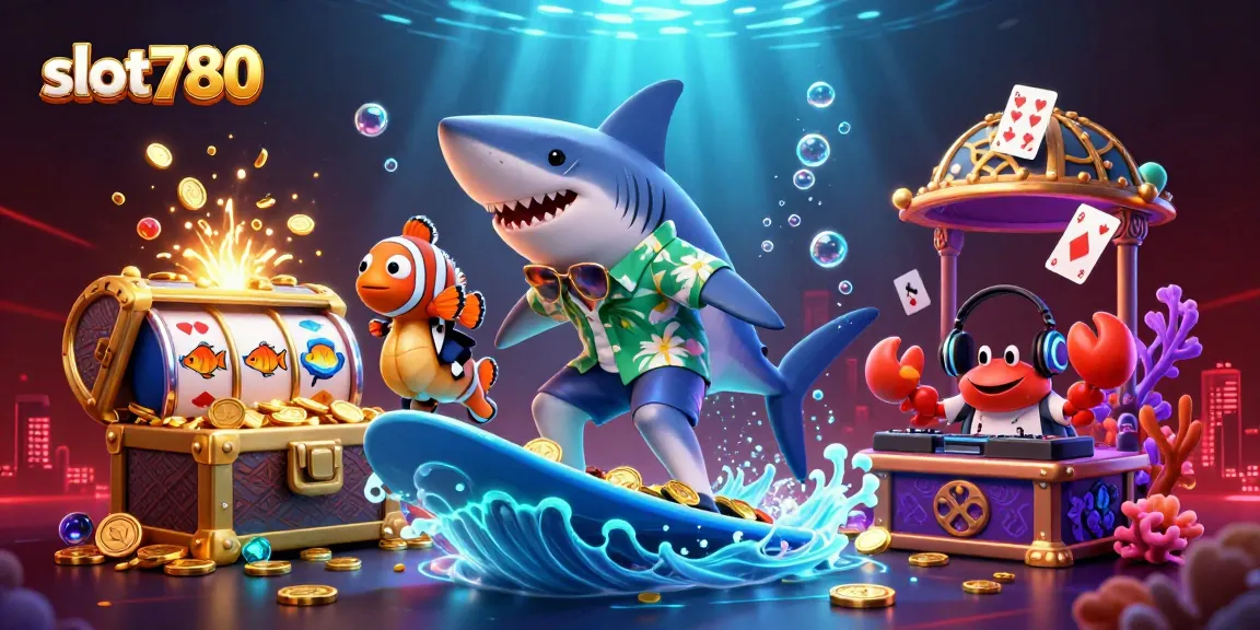Experience endless fun with slot780 as a hammerhead shark surfs gold coins amidst vibrant underwater colors.