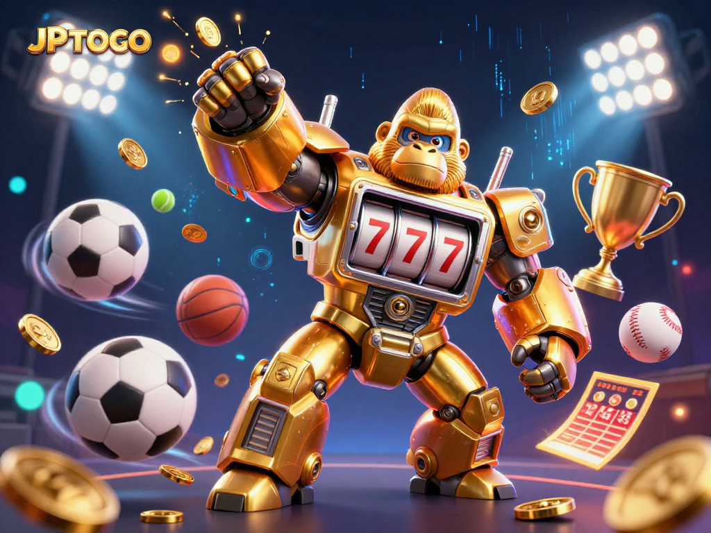 Join the excitement with JPTOTO's golden gorilla mech punching upward amid flying sports elements and shimmering lights.