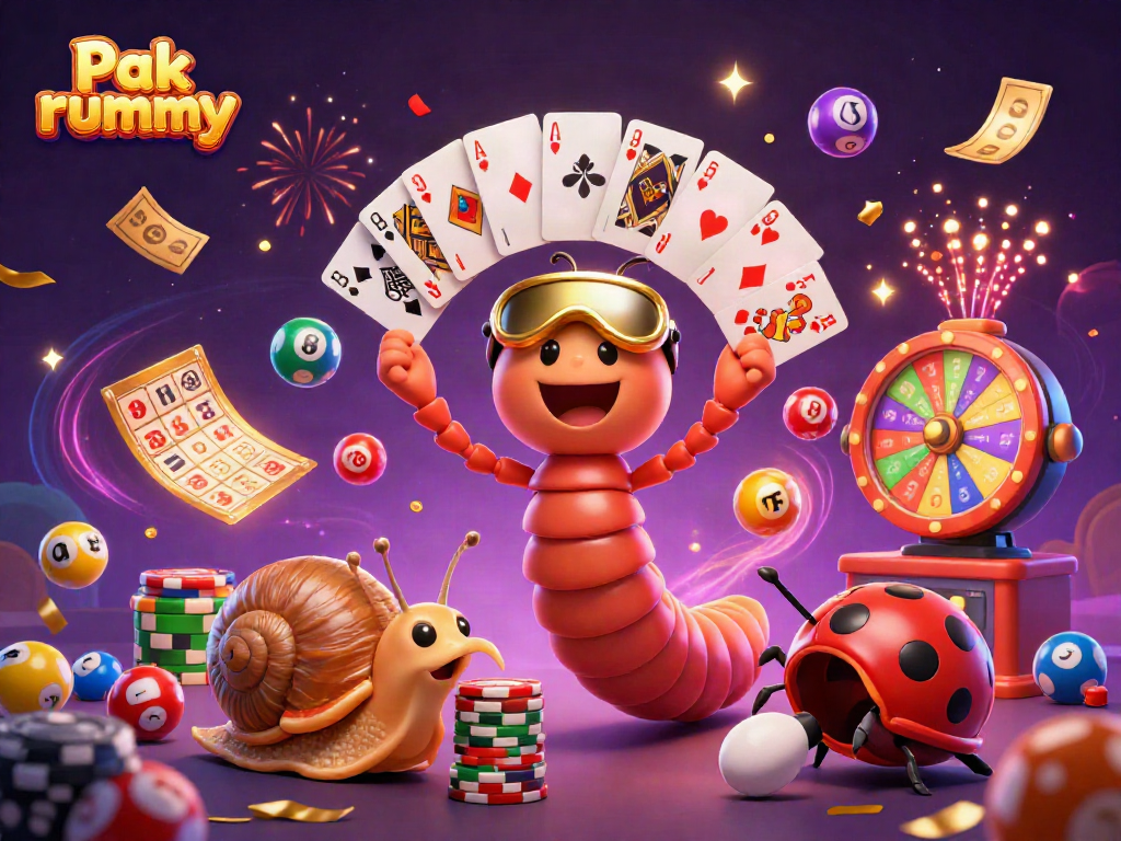 Pak rummy illustration featuring a millipede dealer fanning playing cards amidst casino elements and vibrant energy.