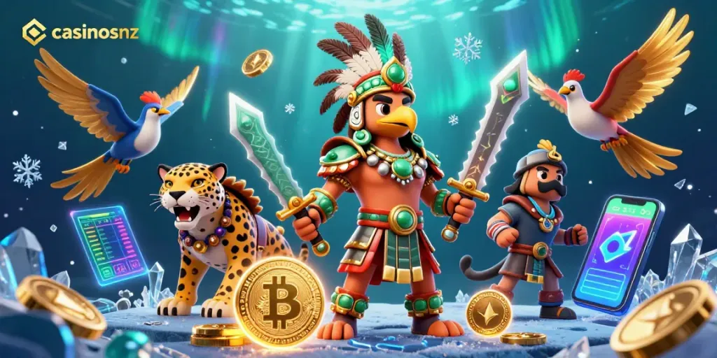 Engage with casinosnz through vibrant 3D illustration depicting Aztec warriors in a dynamic casino atmosphere.