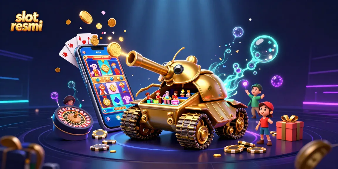 Experience slot resmi excitement with a dynamic 3D casino illustration featuring golden beetle tank and vibrant slot games.