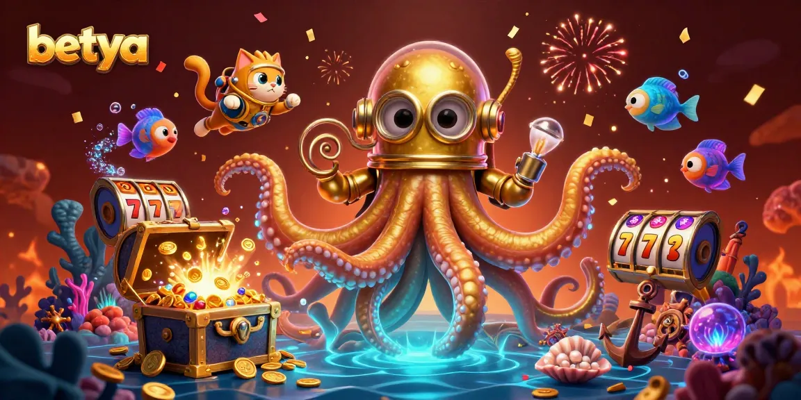 Betya creates excitement with a colossal kraken and diving cat in a vibrant gambling-themed scene.