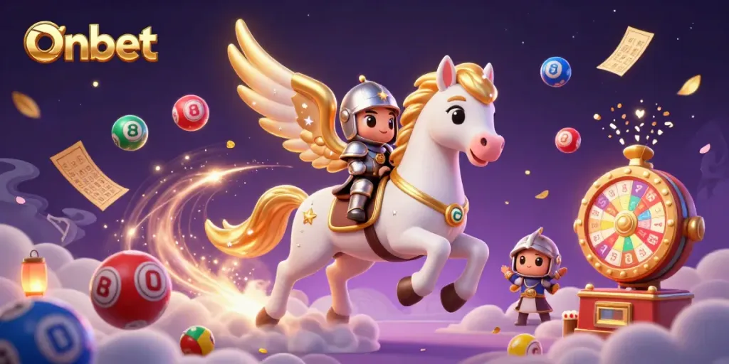 Onbet showcases a vibrant casino scene with a celestial horse and knight amidst lottery elements.
