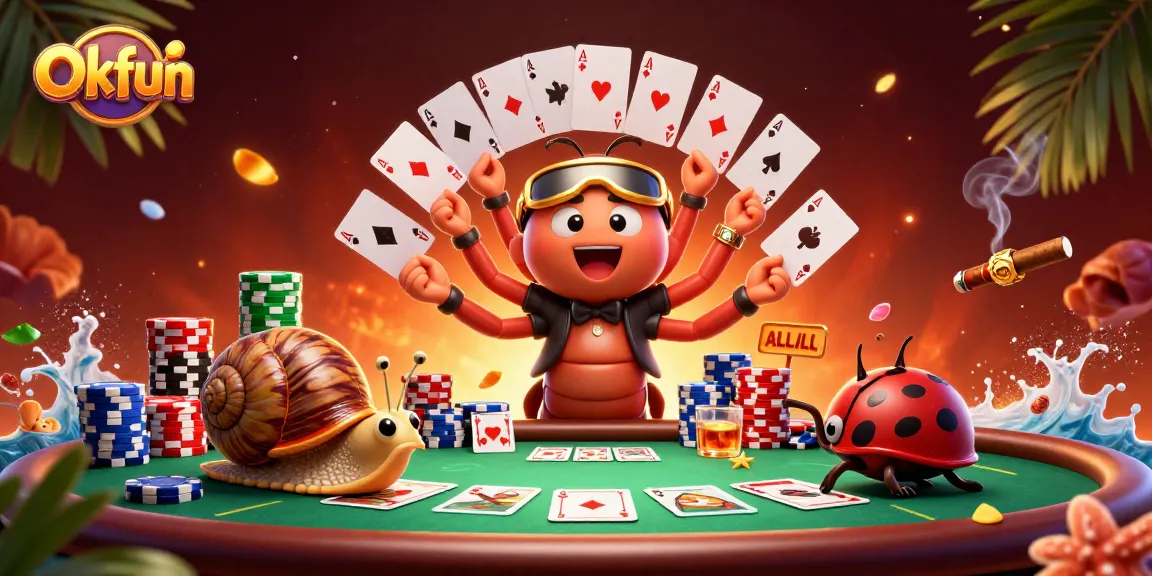 Experience gaming thrills with Okfun's vivid casino scene featuring dynamic characters and rich elements.