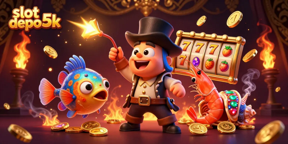Experience thrilling wins at slot depo 5k amidst vibrant gold coins and slot reels.