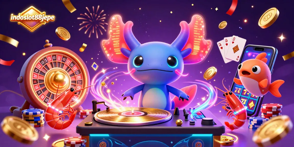 Experience excitement with indoslot88jepe's vibrant casino scene featuring a DJ axolotl and dazzling gaming elements.