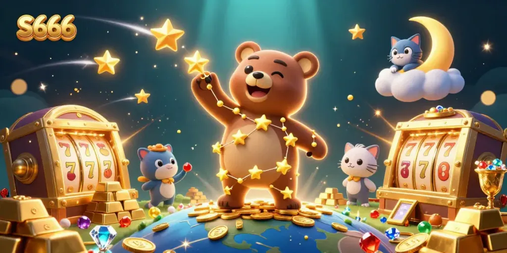 S666 slot game scene featuring a shimmering constellation bear collecting coins while lucky symbols surround.
