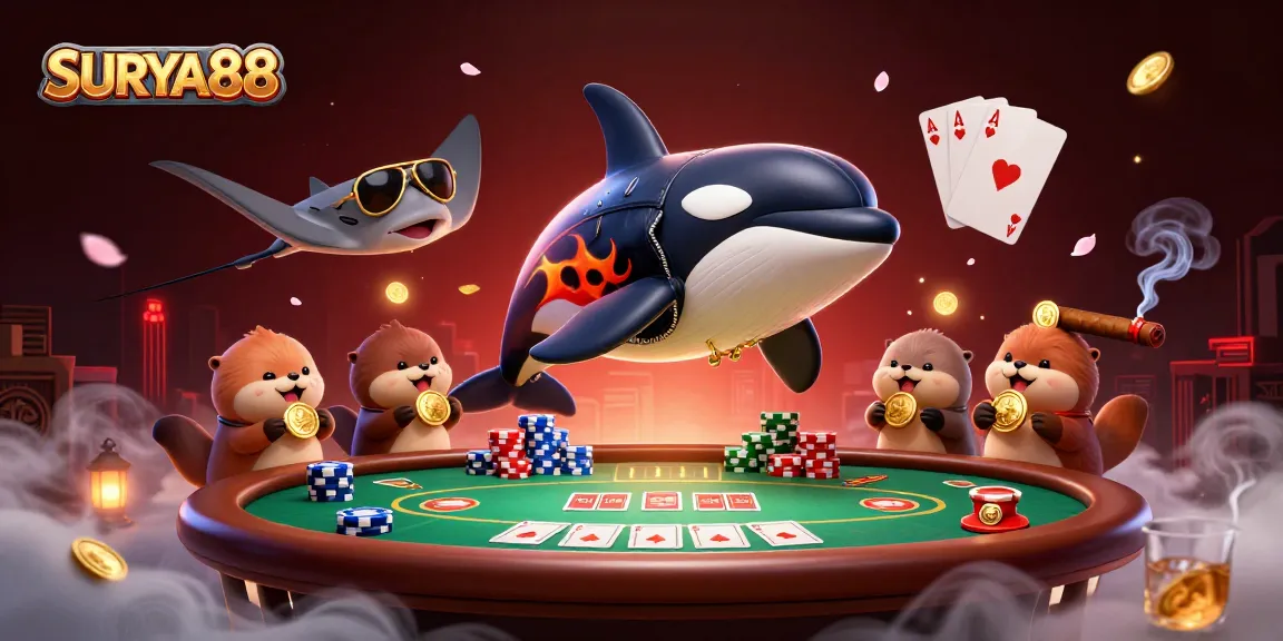 SURYA88 showcases a vibrant 3D scene with an orca, stingray, and otters at a lively poker table.