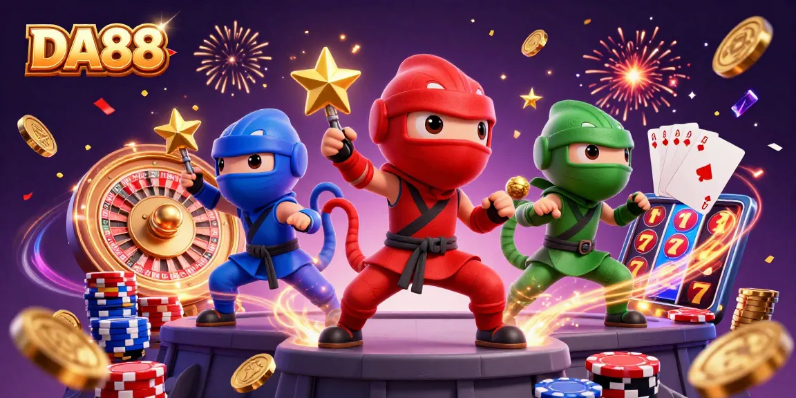 Experience the thrilling gameplay at DA88 with a lively scene of ninja chameleons and casino elements.