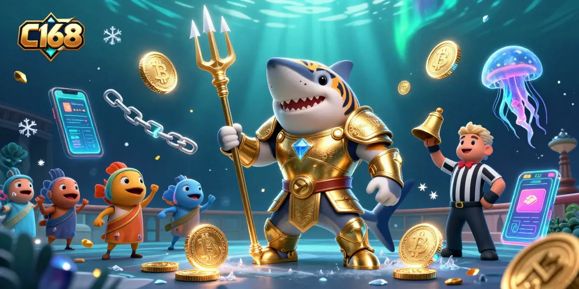 Engage with the exciting C168 underwater casino arena featuring animated characters and crypto elements.