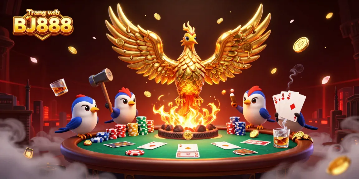 Experience high-stakes gaming at Trang web BJ888 with vibrant casino elements and a molten phoenix theme.