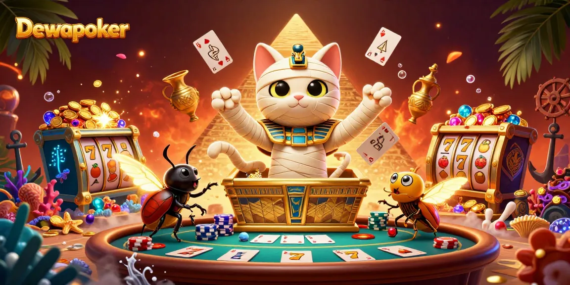 Dewapoker showcases a vibrant scene with Egyptian mummy characters and poker elements exploding with action.