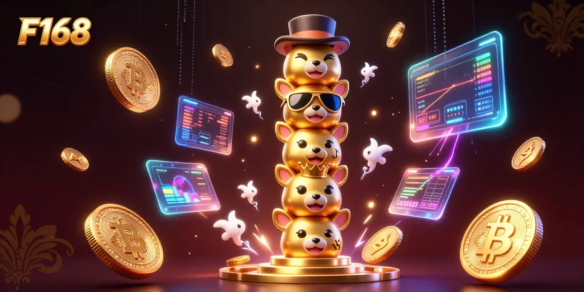 F168 captivates players with a lively cartoon totem and vibrant crypto-themed casino elements.