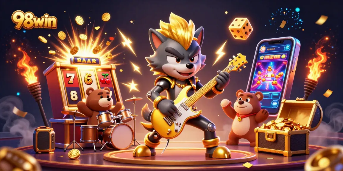Engaging 98win casino scene with vibrant characters, slot machines, and thrilling game elements.