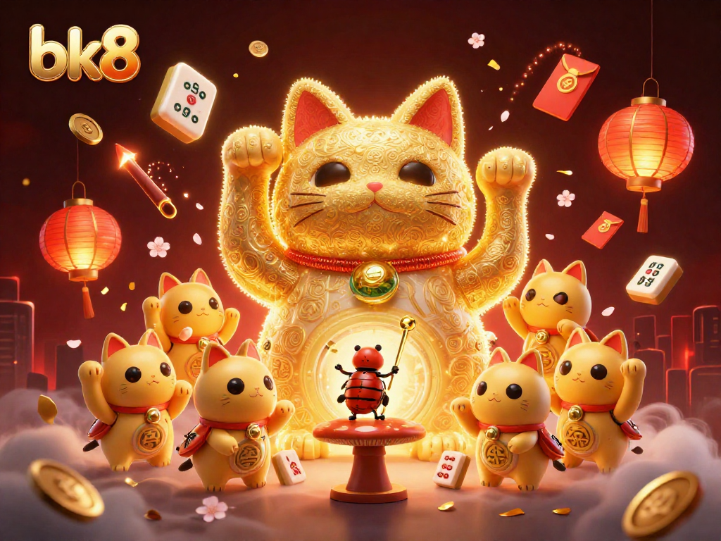Bk8 players enjoy a vibrant casino atmosphere with a lucky cat illustration surrounded by exciting gaming elements.