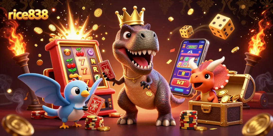 Engage with rice838's thrilling slots and casino games amidst playful dinosaur characters.