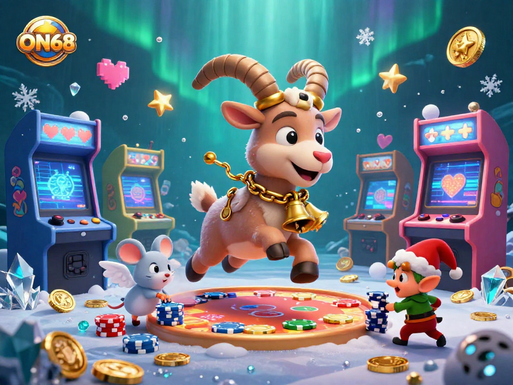Experience thrilling gaming at ON68 with festive characters in a 3D casino setting filled with vibrant arcade elements.