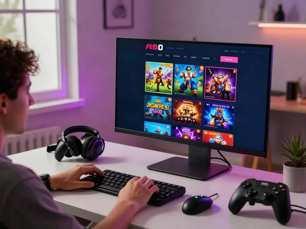 Engaging gamer exploring A80 online platform with colorful game visuals.