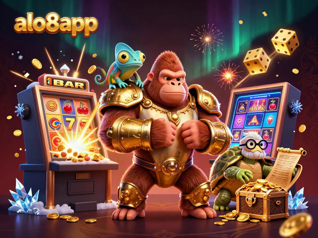 Engage in thrilling gaming with alo8app: a dynamic 3D casino scene featuring a gorilla king, chameleon spy, and tortoise sage.