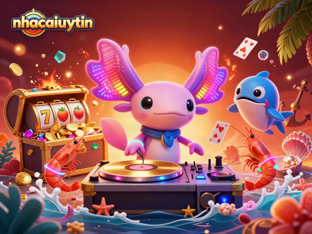 nhacaiuytin showcases vibrant casino fun with neon axolotl DJ spinning slots and cards