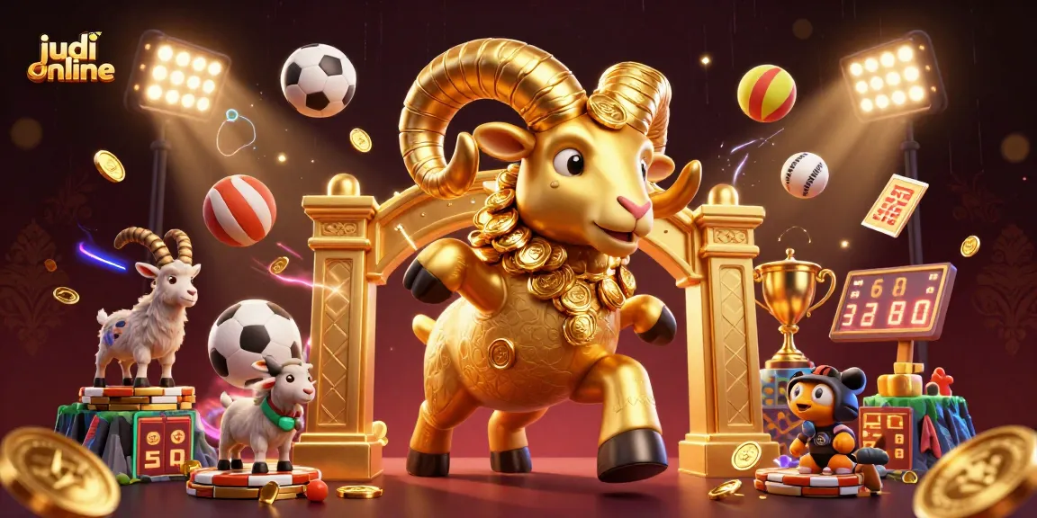Bet on judi online with excitement as a golden ram charges through a vibrant 3D casino scene.