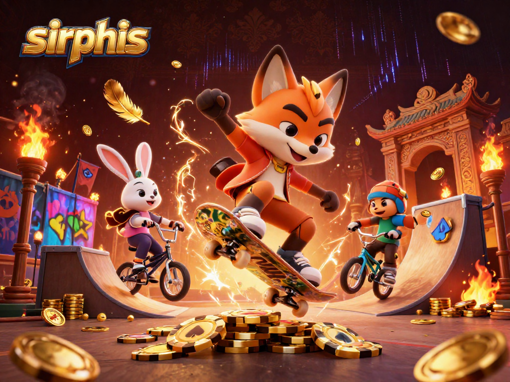 Engage with thrilling slots at sirphis as a skateboarder fox performs tricks over golden poker chips in a vibrant casino scene.