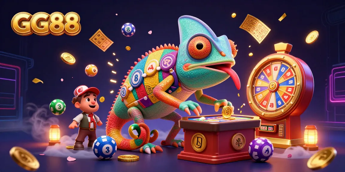 Engage with GG88 at a vibrant casino scene featuring a chameleon, dynamic games, and thrilling lottery elements.