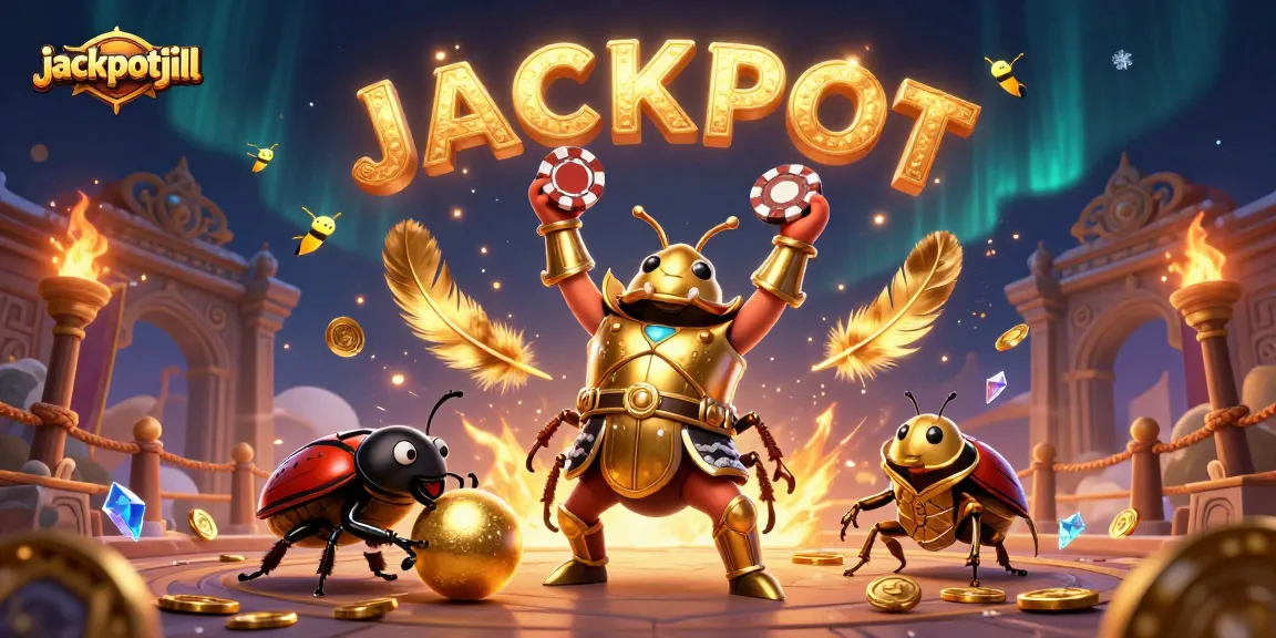 Engage with jackpotjill in this vibrant 3D illustration showcasing a victorious beetle in a thrilling casino environment.