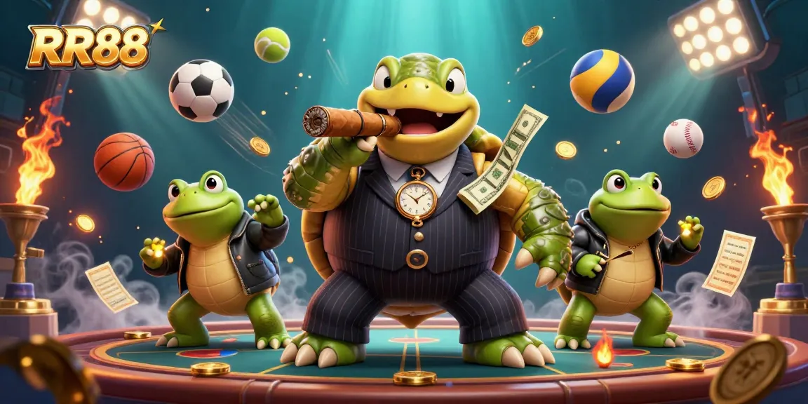 Engage in strategic betting at RR88 with a vibrant casino illustration featuring a snapping turtle and bullfrogs.