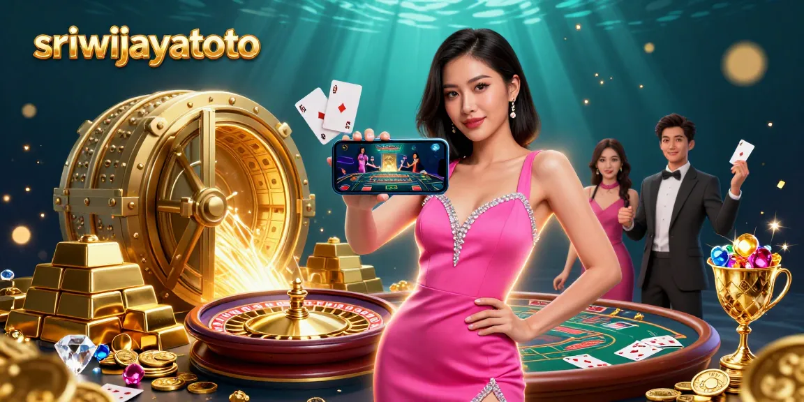 Play live dealer games on sriwijayatoto with a confident dealer showcasing a rich casino scene.