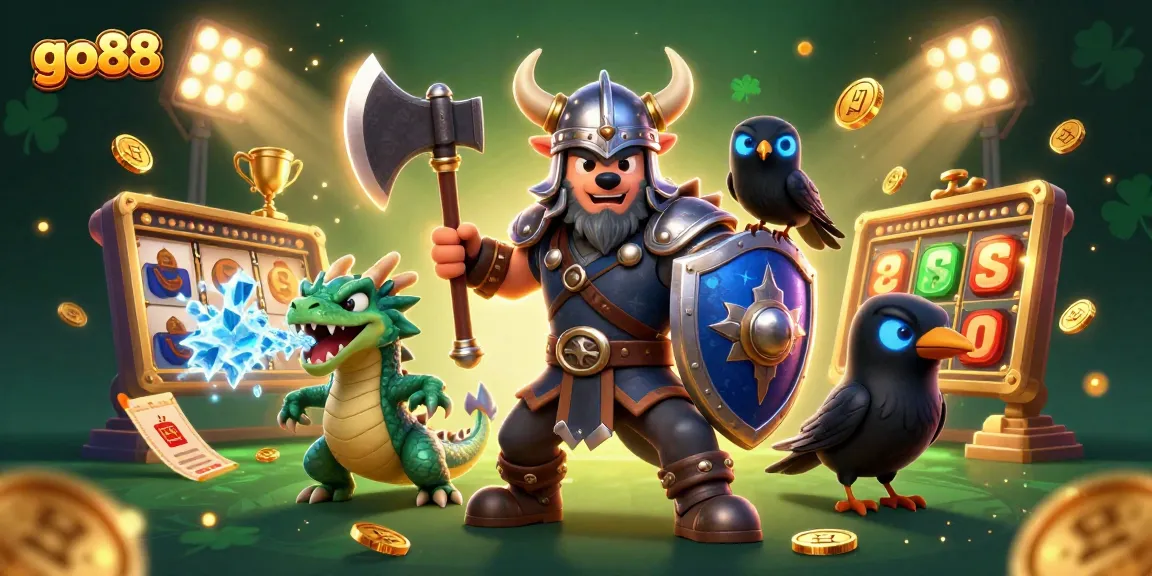 Experience the thrill of go88's gaming with dynamic 3D characters, slot reels, and vibrant casino elements.