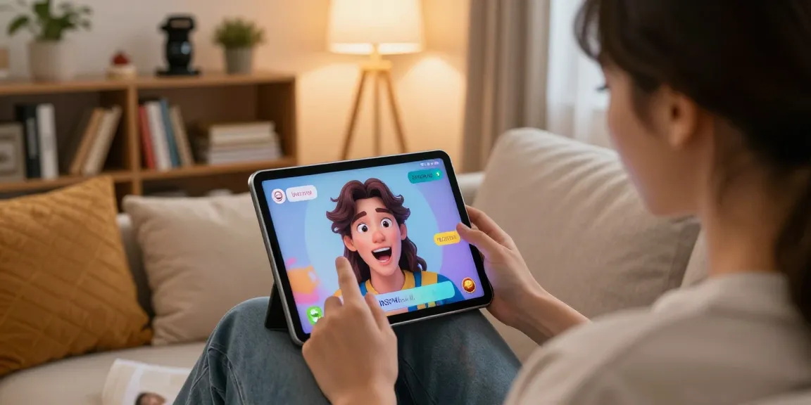 User engaged in AI NSFW chat experience on a tablet in a cozy living room setting.