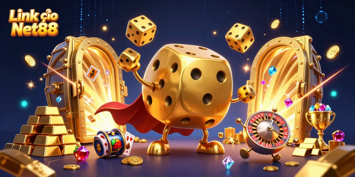 Enjoy thrilling gaming with Link vào Net88 featuring golden dice golem, dynamic slot visuals, and vibrant treasures.
