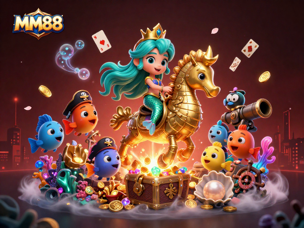 Engage with MM88's thrilling gaming realm featuring a cartoon mermaid princess and vibrant sea creatures.