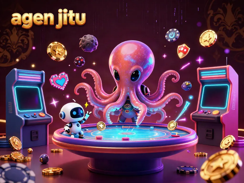 Visualisasi interaktif agen jitu dengan alien dan robot di meja poker holografik.