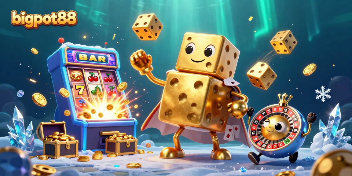 Engage in thrilling gaming action at bigpot88 with vibrant casino elements and a dynamic dice golem.