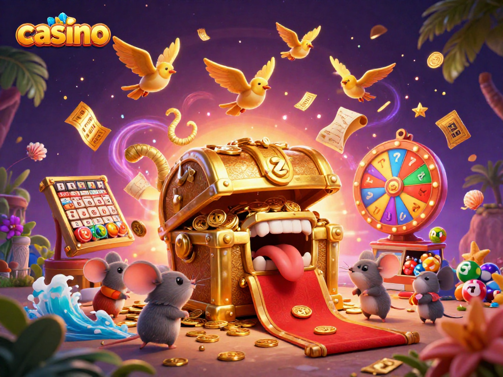 Spin the reels and catch golden treasures at a vibrant casino illustrated scene.