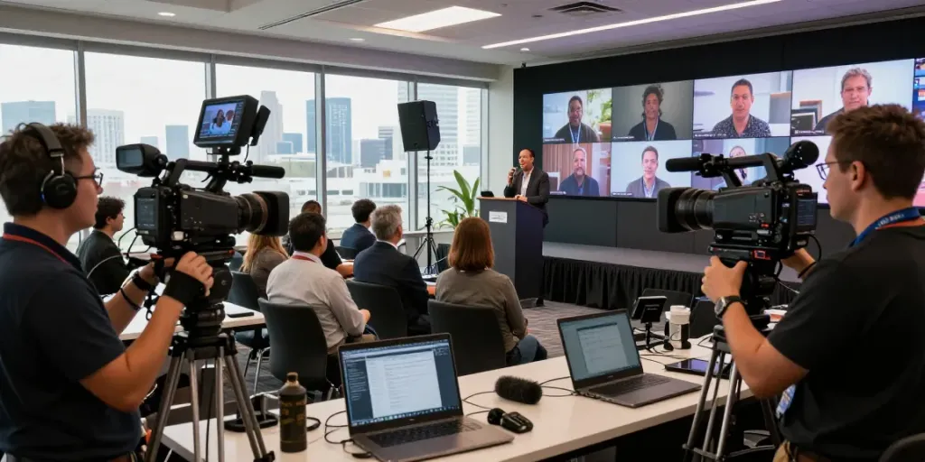 Conference video production Los Angeles, California with videographers setting up equipment at a corporate event.