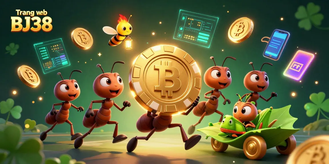 Engage in thrilling gaming experiences on Trang web BJ38 with cartoon ants transporting a massive golden poker chip.