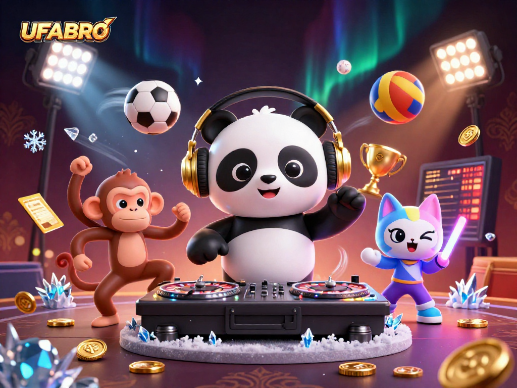 UFABRO entertains with a lively 3D scene featuring a DJ panda and dynamic sports elements.