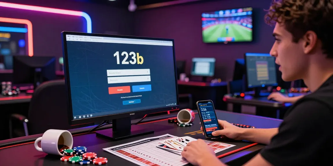 Player logging into 123b đăng nhập on computer in a vibrant gambling setup with sports on TV.