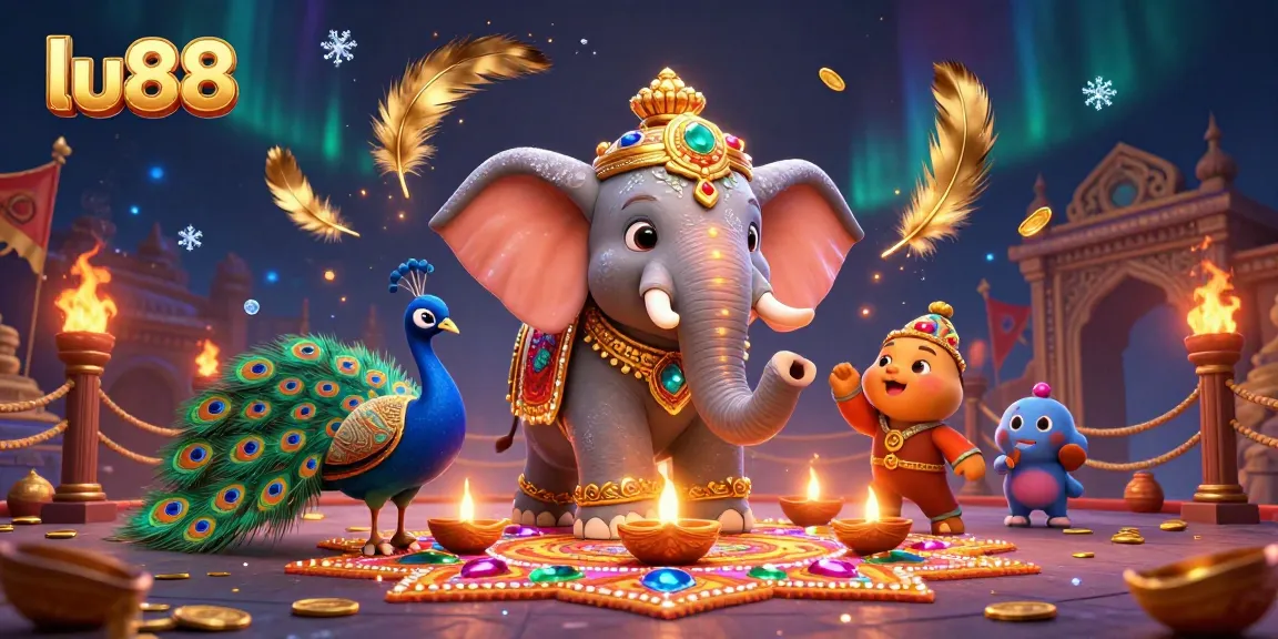 Experience the vibrant excitement of lu88 with a lively casino scene featuring an elephant and peacock.