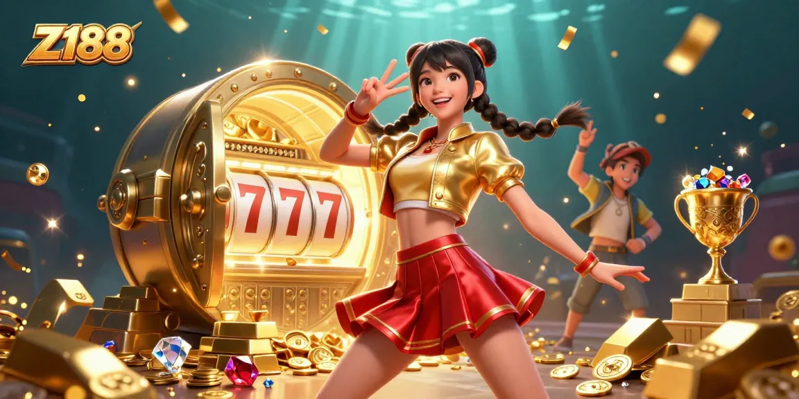 Engage with Z188's vibrant casino scene featuring thrilling slot games, colorful confetti, and rich treasures.